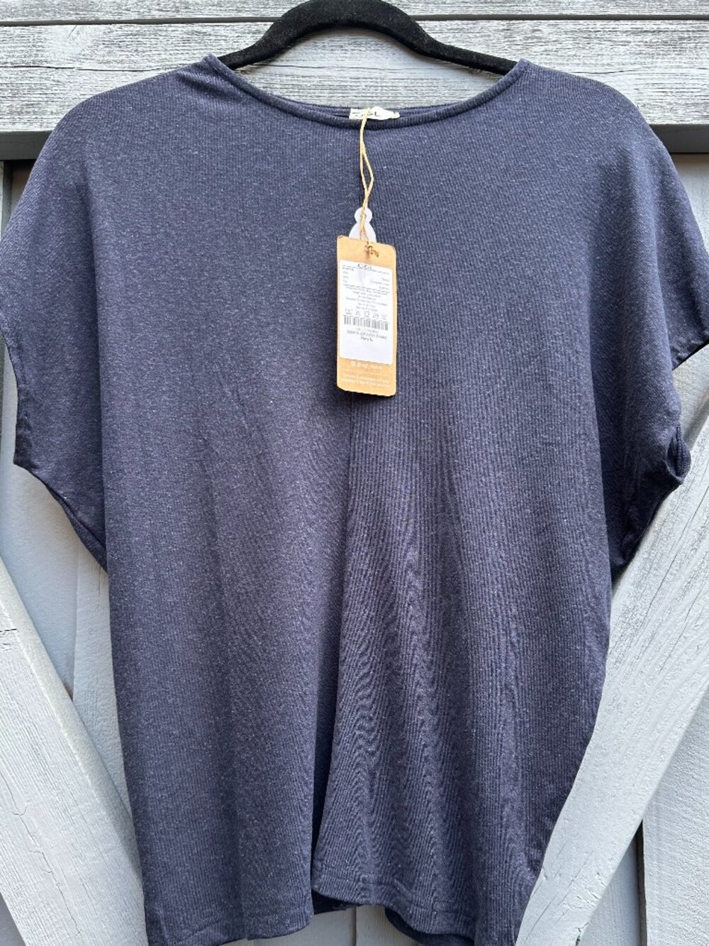 OGL Linen Blend Round Neck Relaxed Summer Top Smoky Navy Size L NWT